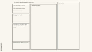 SLIDESMANIA.COM
LA CASA DE BERNARDA ALBA CHARACTER: ___________________________________________
Key quotes:
Adjectives to describe / other
ways to refer to them in an
essay:
Biographical facts:
Relevant incidents:
Relationship to other characters:
First mentioned in scene
_______________
Last mentioned in scene
__________________
 