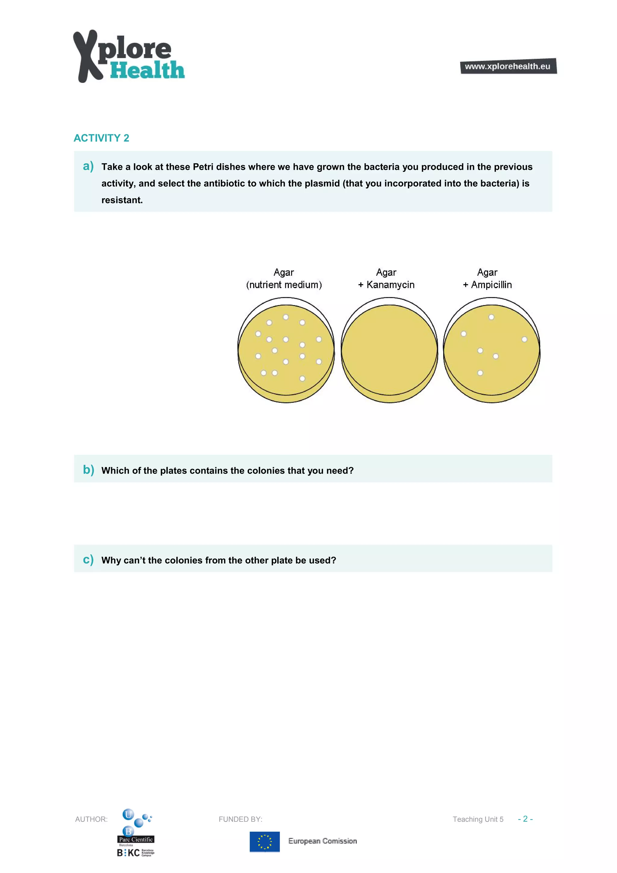 ACTIVITY 2
a) Take a look at these Petri dishes where we have grown the bacteria you produced in the previous
activity, and select the antibiotic to which the plasmid (that you incorporated into the bacteria) is
resistant.
b) Which of the plates contains the colonies that you need?
c) Why can’t the colonies from the other plate be used?
AUTHOR: FUNDED BY: Teaching Unit 5 -2-