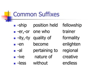 Common Suffixes 
-shipposition heldfellowship 
-er,-orone whotrainer 
-ity,-tyquality offormality 
-enbecomeenlighten 
-alpertaining toregional 
-ivenature of creative 
-lesswithoutendless  