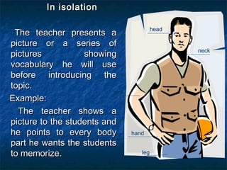 In isolationIn isolation
The teacher presents aThe teacher presents a
picture or a series ofpicture or a series of
pictures showingpictures showing
vocabulary he will usevocabulary he will use
before introducing thebefore introducing the
topic.topic.
Example:Example:
The teacher shows aThe teacher shows a
picture to the students andpicture to the students and
he points to every bodyhe points to every body
part he wants the studentspart he wants the students
to memorize.to memorize.
arm
hand
neck
leg
head
 