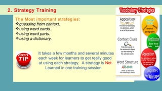 2. Strategy Training
The Most important strategies:
guessing from context,
using word cards.
using word parts.
using a dictionary.
It takes a few months and several minutes
each week for learners to get really good
at using each strategy. A strategy is Not
Learned in one training session
 