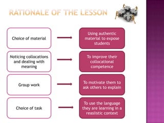 Using authentic
 Choice of material      material to expose
                             students


Noticing collocations     To improve their
  and dealing with          collocational
      meaning               competence


                        To motivate them to
    Group work
                        ask others to explain


                         To use the language
   Choice of task       they are learning in a
                          reaslistic context
 