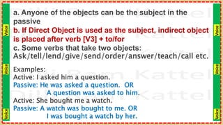 Voice
Voice
Voice
Voice
Voice
Voice
a. Anyone of the objects can be the subject in the
passive
b. If Direct Object is used as the subject, indirect object
is placed after verb [V3] + to/for
c. Some verbs that take two objects:
Ask/tell/lend/give/send/order/answer/teach/call etc.
Examples:
Active: I asked him a question.
Passive: He was asked a question. OR
A question was asked to him.
Active: She bought me a watch.
Passive: A watch was bought to me. OR
I was bought a watch by her.
 