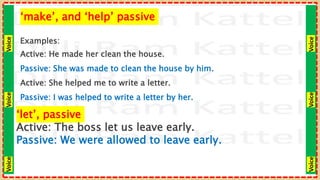 Voice
Voice
Voice
Voice
Voice
Voice
‘make’, and ‘help’ passive
Examples:
Active: He made her clean the house.
Passive: She was made to clean the house by him.
Active: She helped me to write a letter.
Passive: I was helped to write a letter by her.
‘let’, passive
Active: The boss let us leave early.
Passive: We were allowed to leave early.
 