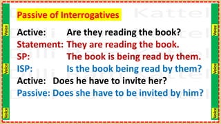 Voice
Voice
Voice
Voice
Voice
Voice
Passive of Interrogatives
Active: Are they reading the book?
Statement: They are reading the book.
SP: The book is being read by them.
ISP: Is the book being read by them?
Active: Does he have to invite her?
Passive: Does she have to be invited by him?
 