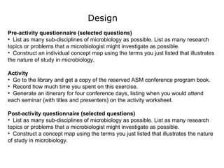 Pre-activity questionnaire (selected questions) List as many sub-disciplines of microbiology as possible. List as many research topics or problems that a microbiologist might investigate as possible. Construct an individual concept map using the terms you just listed that illustrates the nature of study in microbiology. Activity Go to the library and get a copy of the reserved ASM conference program book. Record how much time you spent on this exercise. Generate an itinerary for four conference days, listing when you would attend each seminar (with titles and presenters) on the activity worksheet. Post-activity questionnaire (selected questions) List as many sub-disciplines of microbiology as possible. List as many research topics or problems that a microbiologist might investigate as possible. Construct a concept map using the terms you just listed that illustrates the nature of study in microbiology. Design 