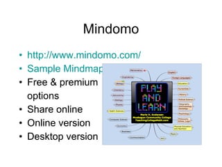Mindomo http://www.mindomo.com/ Sample Mindmap  Free & premium  options Share online Online version Desktop version 