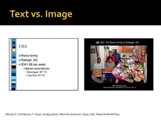 Text vs. image

Menzel, P., & D’Aluisio, F. (2005). Hungry planet: What the world eats. Napa, Calif.: Material World Press.

 
