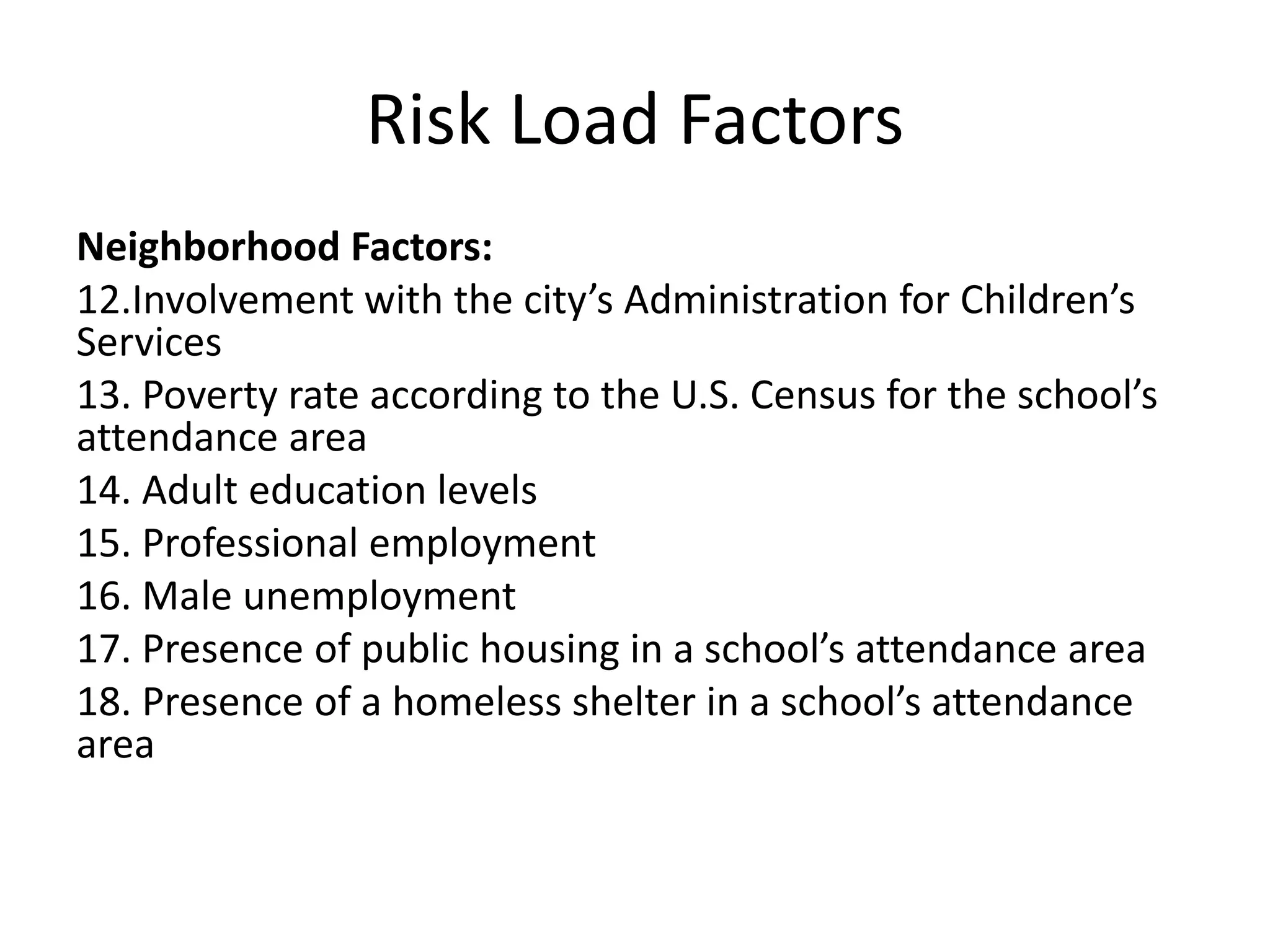 Risk Load Factors
Neighborhood Factors:
12.Involvement with the city’s Administration for Children’s
Services
13. Poverty rate according to the U.S. Census for the school’s
attendance area
14. Adult education levels
15. Professional employment
16. Male unemployment
17. Presence of public housing in a school’s attendance area
18. Presence of a homeless shelter in a school’s attendance
area
 