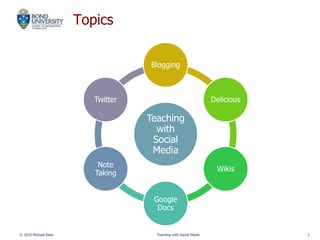 Topics
© 2010 Michael Rees Teaching with Social Media 2
Teaching
with
Social
Media
Blogging
Delicious
Wikis
Google
Docs
Note
Taking
Twitter
 