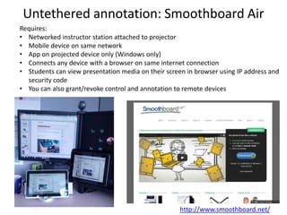 Level 1: Shared projection
DEMOfocus Mobile Technologies, Part 1 - Mediaspectrum, Inc. | Flickr - Photo
Sharing! : taken from -
http://www.flickr.com/photos/9025932@N08/4990316169/Author: The DEMO
Conference http://creativecommons.org/licenses/by-nc-nd/2.0/deed.en
Projecting a tablet device
Tethered:
• iPad to VGA adapter
• HDMI mini output
• HDMI to VGA convertor
Untethered:
• Apple TV / Widi
• Wireless projectors
• Intermediary software
• Classroom presenter
• Smoothboard Air
7 Things you should know about Projecting from Mobile Devices
http://net.educause.edu/ir/library/pdf/ELI7082.pdf
Photo Credit: _zand licensed
with creativecommons
 