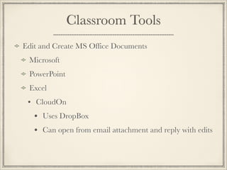 Classroom Tools
Edit and Create MS Office Documents
Microsoft
PowerPoint
Excel
• CloudOn
• Uses DropBox
• Can open from email attachment and reply with edits 
 