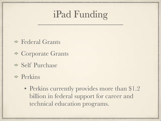 iPad Funding
Federal Grants
Corporate Grants
Self Purchase
Perkins
• Perkins currently provides more than $1.2
billion in federal support for career and
technical education programs.
 