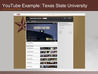 YouTube Example: Texas State University
www.youtube.com/user/txstateu
 