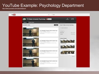 YouTube Example: Psychology Department
http://www.youtube.com/user/txstpsych
 
