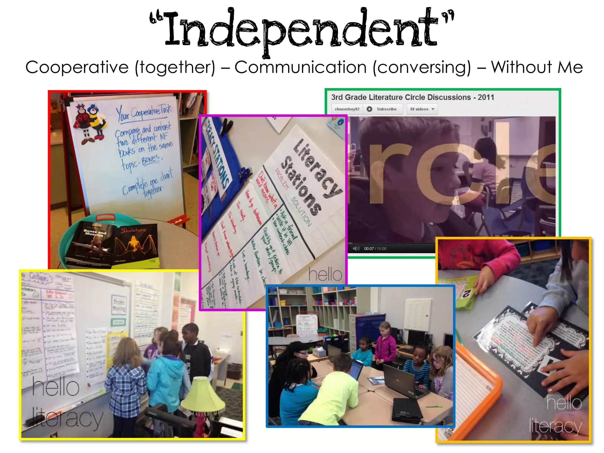“Independent”
Cooperative (together) – Communication (conversing) – Without Me
 