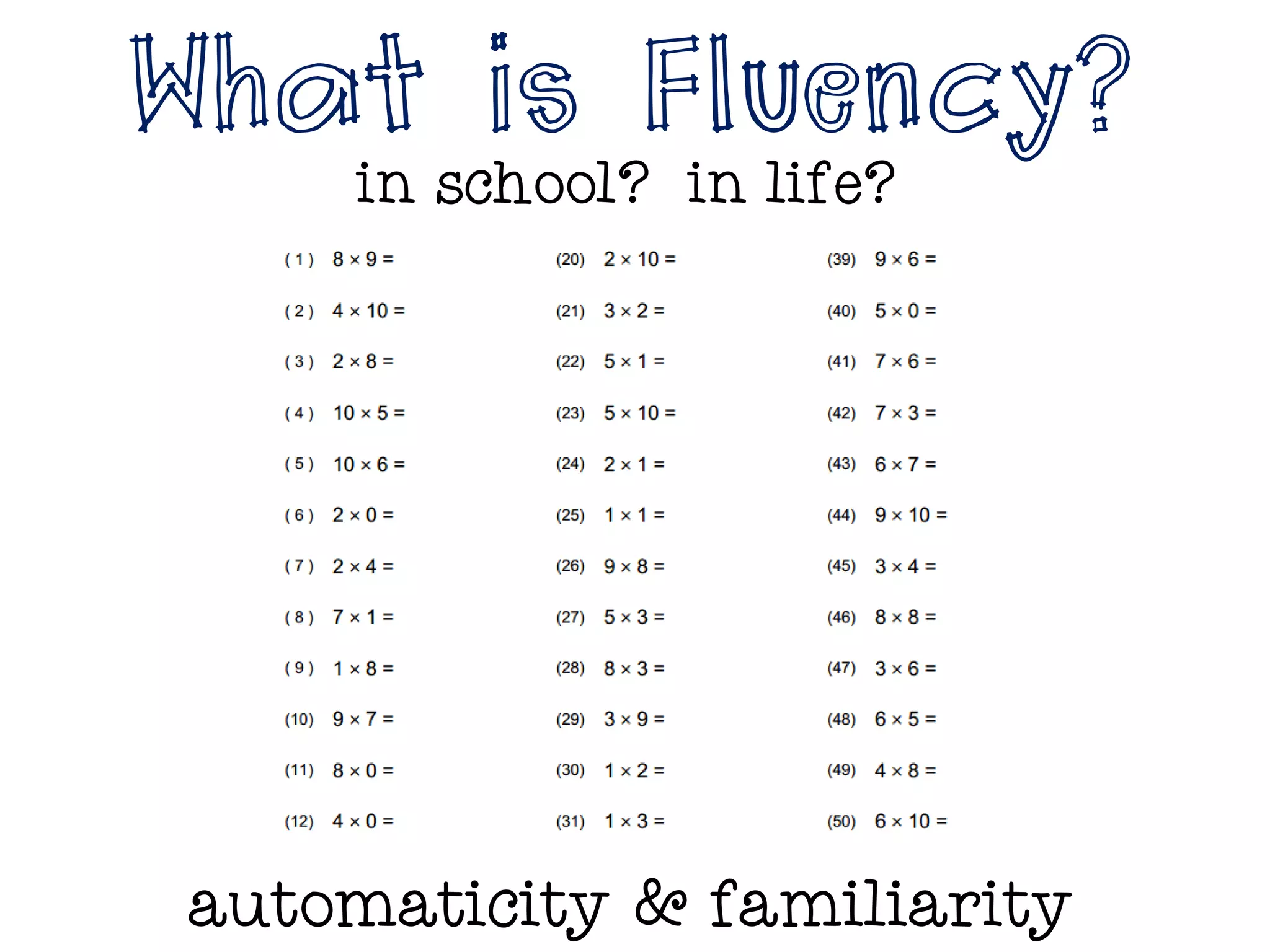 What is Fluency?
automaticity & familiarity
in school? in life?
 