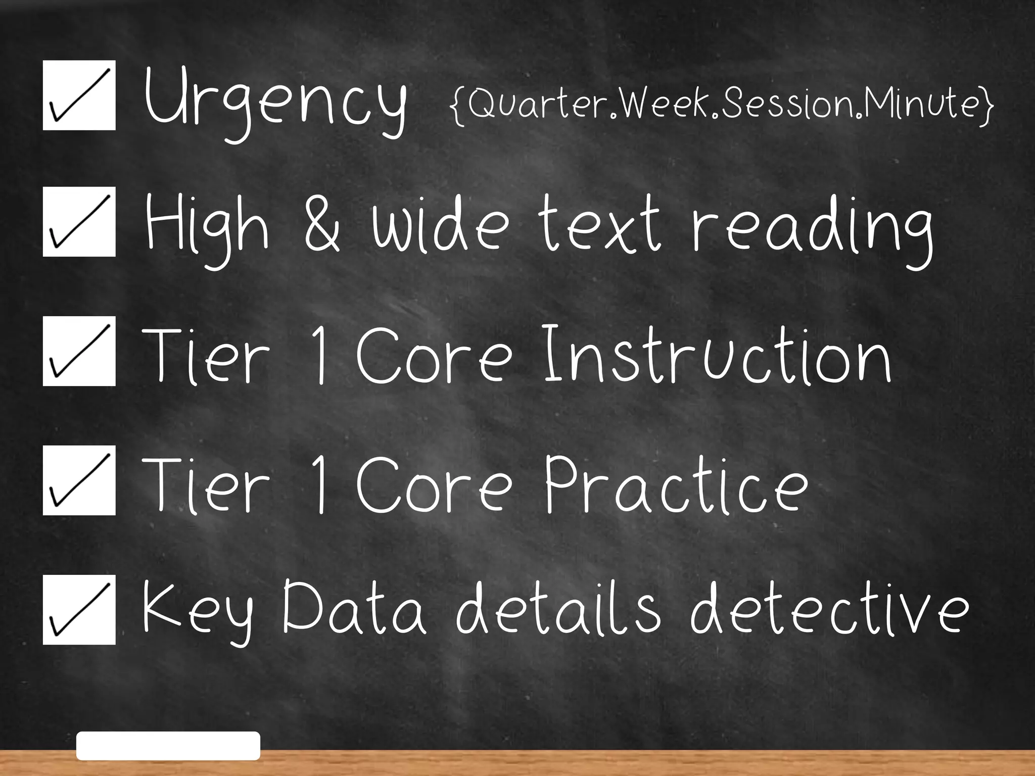 Urgency
High & wide text reading
Tier 1 Core Instruction
Tier 1 Core Practice
{Quarter.Week.Session.Minute}
Key Data details detective
 