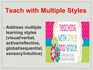 Teach with Multiple Styles 
Address multiple 
learning styles 
(visual/verbal, 
active/reflective, 
global/sequential, 
sensory/intuitive) 
 