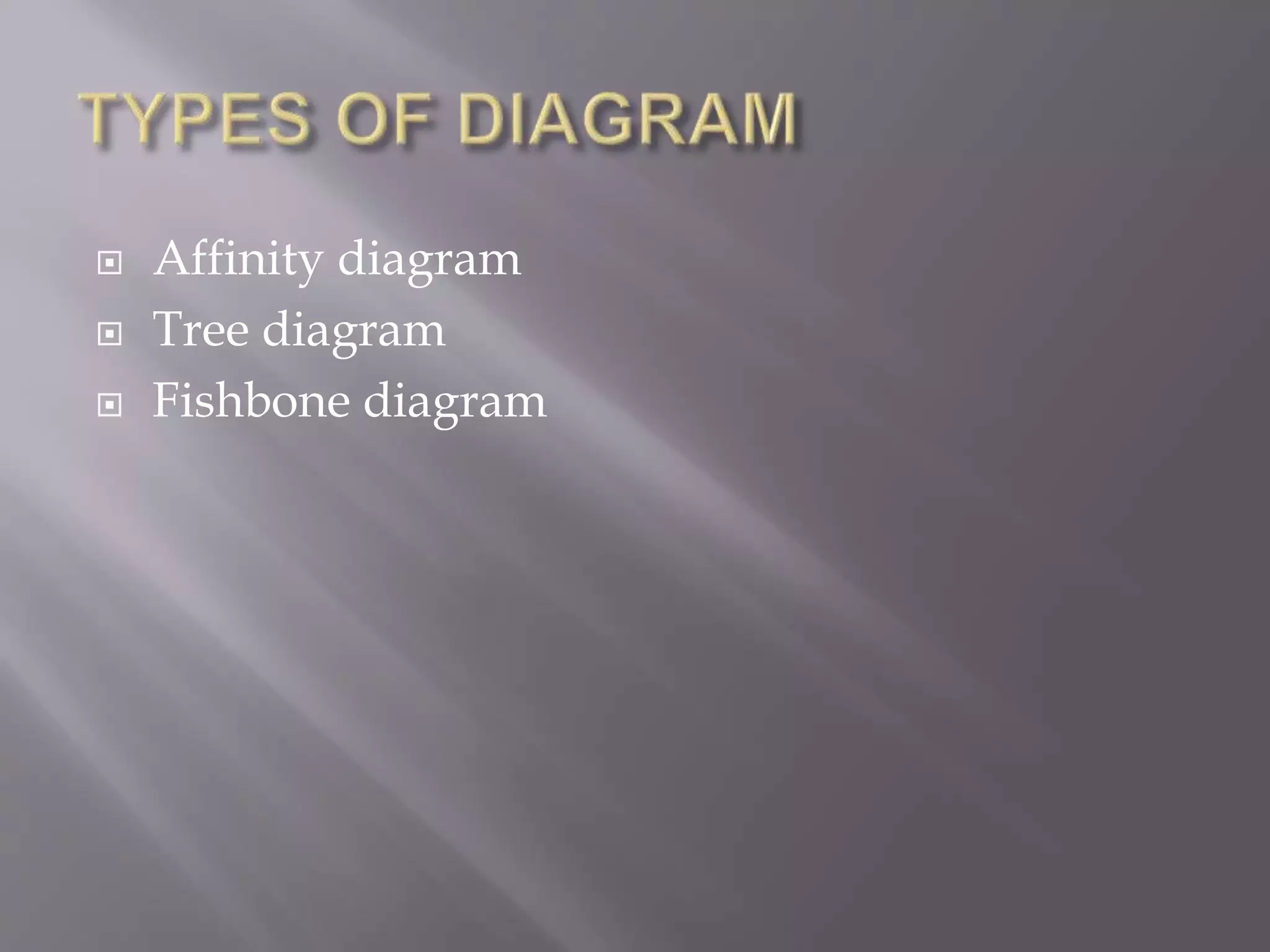  Affinity diagram
 Tree diagram
 Fishbone diagram
 