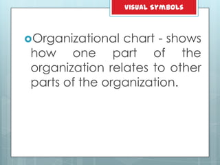 Organizational chart - shows
how one part of the
organization relates to other
parts of the organization.
Visual Symbols
 