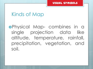 Kinds of Map
Physical Map- combines in a
single projection data like
altitude, temperature, rainfall,
precipitation, vegetation, and
soil.
Visual Symbols
 