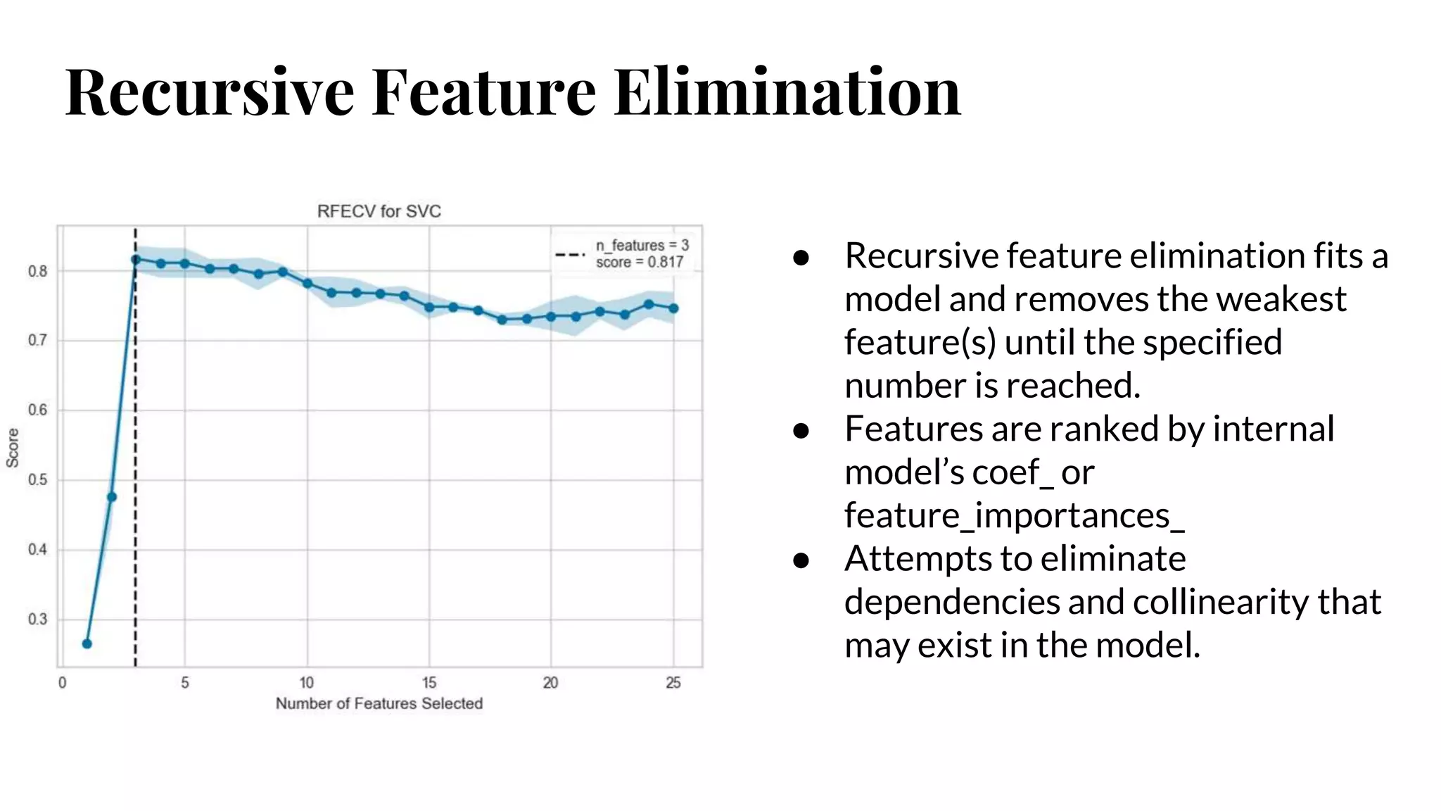 Recursive Feature Elimination
● Recursive feature elimination fits a
model and removes the weakest
feature(s) until the specified
number is reached.
● Features are ranked by internal
model’s coef_ or
feature_importances_
● Attempts to eliminate
dependencies and collinearity that
may exist in the model.
 