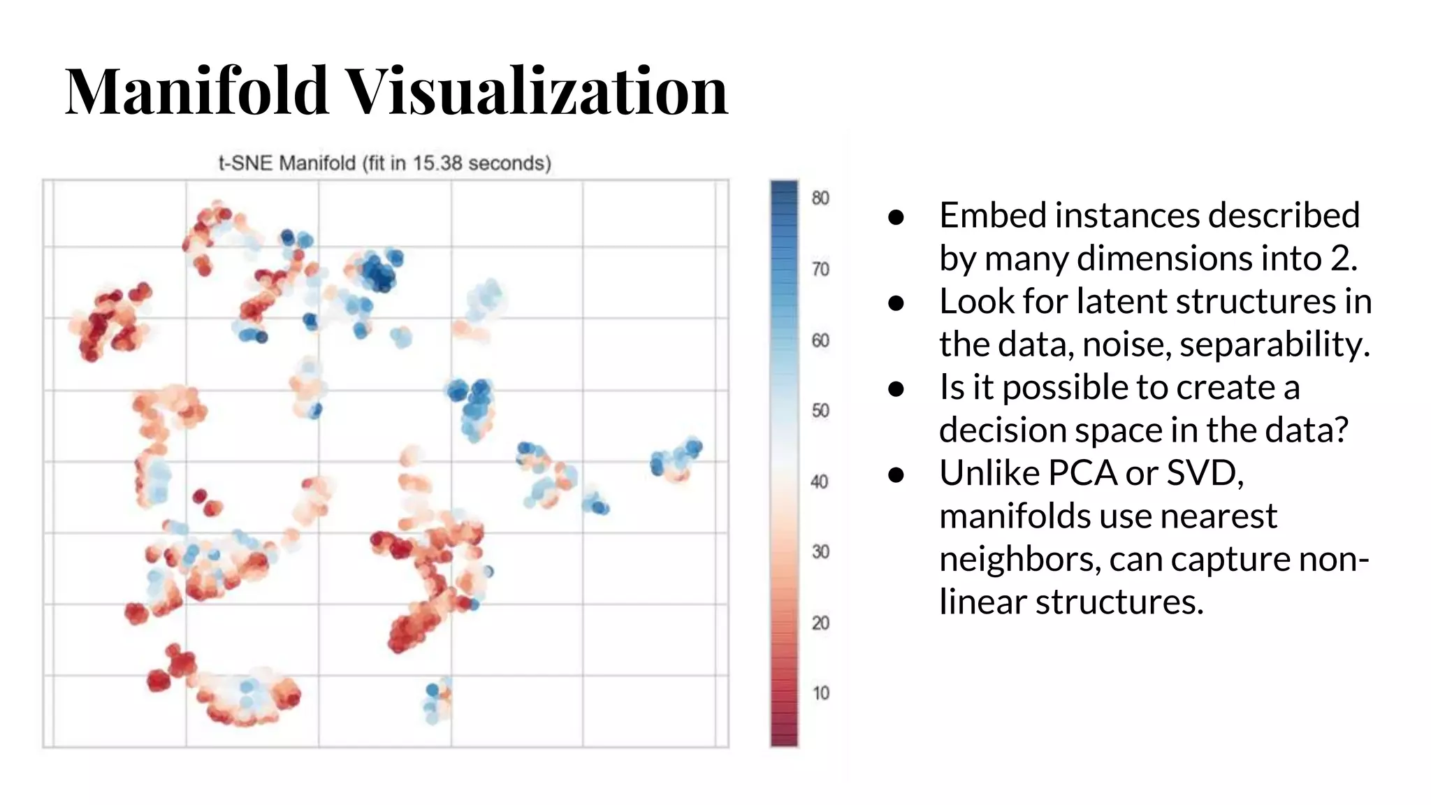 Manifold Visualization
● Embed instances described
by many dimensions into 2.
● Look for latent structures in
the data, noise, separability.
● Is it possible to create a
decision space in the data?
● Unlike PCA or SVD,
manifolds use nearest
neighbors, can capture non-
linear structures.
 