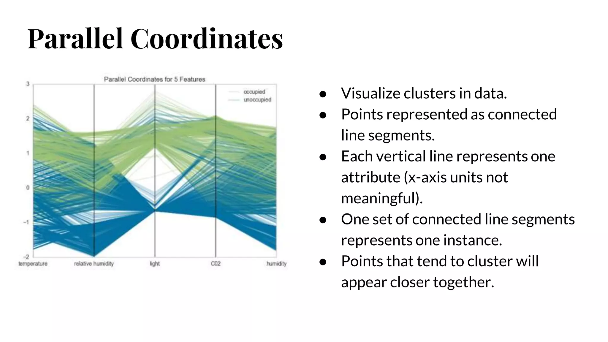 Parallel Coordinates
● Visualize clusters in data.
● Points represented as connected
line segments.
● Each vertical line represents one
attribute (x-axis units not
meaningful).
● One set of connected line segments
represents one instance.
● Points that tend to cluster will
appear closer together.
 