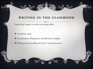 WRITING IN THE CLASSROOM

Needs that require to work on writing skills:



 Academic study

 Examination, Preparation and Bussines English

 Writing involves different kind of mental process.
 