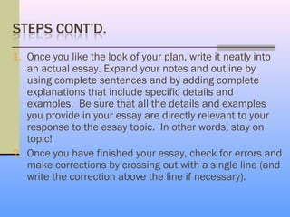 1. Once you like the look of your plan, write it neatly into
   an actual essay. Expand your notes and outline by
   using complete sentences and by adding complete
   explanations that include specific details and
   examples. Be sure that all the details and examples
   you provide in your essay are directly relevant to your
   response to the essay topic. In other words, stay on
   topic!
2. Once you have finished your essay, check for errors and
   make corrections by crossing out with a single line (and
   write the correction above the line if necessary).
 
