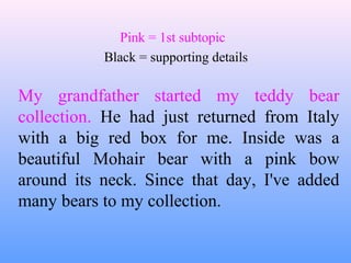 Pink = 1st subtopic
           Black = supporting details

My grandfather started my teddy bear
collection. He had just returned from Italy
with a big red box for me. Inside was a
beautiful Mohair bear with a pink bow
around its neck. Since that day, I've added
many bears to my collection.
 