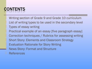   Writing section of Grade 9 and Grade 10 curriculum
   List of writing types to be used in the secondary level
   Types of essay writing
   Practical example of an essay [five paragraph essay]
   Correction techniques / Rubrics for assessing writing
   Short Story: Elements and Classroom Strategy
   Evaluation Rationale for Story Writing
   News Story: Format and Structure
   References
 