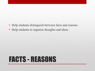 FACTS - REASONS
• Help students distinguish between facts and reasons
• Help students to organise thoughts and ideas
 