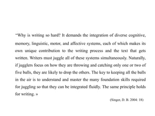 “Why is writing so hard? It demands the integration of diverse cognitive,
memory, linguistic, motor, and affective systems, each of which makes its
own unique contribution to the writing process and the text that gets
written. Writers must juggle all of these systems simultaneously. Naturally,
if jugglers focus on how they are throwing and catching only one or two of
five balls, they are likely to drop the others. The key to keeping all the balls
in the air is to understand and master the many foundation skills required
for juggling so that they can be integrated fluidly. The same principle holds
for writing. »
(Singer, D. B. 2004: 18)
 