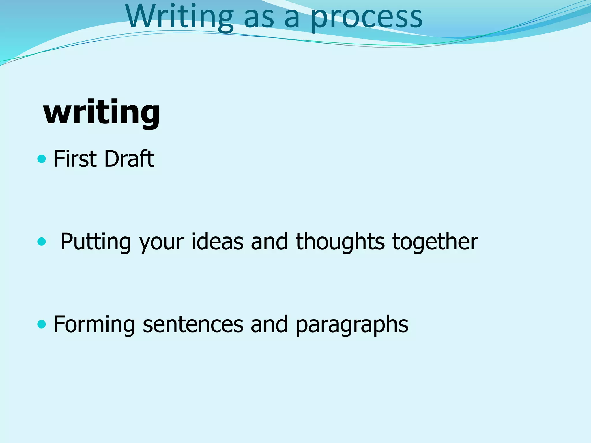 Writing as a process
writing
 First Draft
 Putting your ideas and thoughts together
 Forming sentences and paragraphs
 