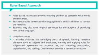Rules-Based Approach
• Rules-based instruction involves teaching children to correctly write words
and sentences.
• Teachers provide sentences with language errors and ask children to correct
the mistakes.
• Students may also write original sentences for the purpose of practicing
how to use language.
▪ Sample Activities
➢ It includes activities like identifying parts of speech, locating sentence
elements such as subjects and predicates, learning and applying rules for
subject-verb agreement and pronoun use, and practicing punctuation,
capitalization, and spelling. One common exercise is sentence correction.
13
 