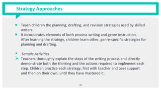 Strategy Approaches
• Teach children the planning, drafting, and revision strategies used by skilled
writers.
• It incorporates elements of both process writing and genre instruction.
After learning the strategy, children learn other, genre-specific strategies for
planning and drafting.
▪ Sample Activities
➢ Teachers thoroughly explain the steps of the writing process and directly
demonstrate both the thinking and the actions required to implement each
step. Children practice each strategy, first with teacher and peer support
and then on their own, until they have mastered it.
16
 