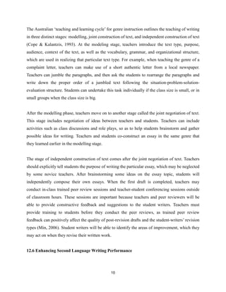 10
The Australian ‘teaching and learning cycle’ for genre instruction outlines the teaching of writing
in three distinct stages: modelling, joint construction of text, and independent construction of text
(Cope & Kalantzis, 1993). At the modeling stage, teachers introduce the text type, purpose,
audience, context of the text, as well as the vocabulary, grammar, and organizational structure,
which are used in realizing that particular text type. For example, when teaching the genre of a
complaint letter, teachers can make use of a short authentic letter from a local newspaper.
Teachers can jumble the paragraphs, and then ask the students to rearrange the paragraphs and
write down the proper order of a jumbled text following the situation-problem-solution-
evaluation structure. Students can undertake this task individually if the class size is small, or in
small groups when the class size is big.
After the modelling phase, teachers move on to another stage called the joint negotiation of text.
This stage includes negotiation of ideas between teachers and students. Teachers can include
activities such as class discussions and role plays, so as to help students brainstorm and gather
possible ideas for writing. Teachers and students co-construct an essay in the same genre that
they learned earlier in the modelling stage.
The stage of independent construction of text comes after the joint negotiation of text. Teachers
should explicitly tell students the purpose of writing the particular essay, which may be neglected
by some novice teachers. After brainstorming some ideas on the essay topic, students will
independently compose their own essays. When the first draft is completed, teachers may
conduct in-class trained peer review sessions and teacher-student conferencing sessions outside
of classroom hours. These sessions are important because teachers and peer reviewers will be
able to provide constructive feedback and suggestions to the student writers. Teachers must
provide training to students before they conduct the peer reviews, as trained peer review
feedback can positively affect the quality of post-revision drafts and the student-writers’ revision
types (Min, 2006). Student writers will be able to identify the areas of improvement, which they
may act on when they revise their written work.
12.6 Enhancing Second Language Writing Performance
 