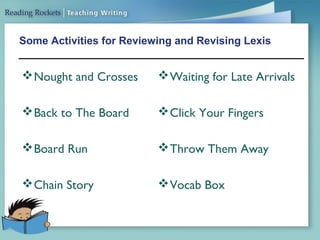 Some Activities for Reviewing and Revising Lexis
Nought and Crosses
Back to The Board
Board Run
Chain Story
Waiting for Late Arrivals
Click Your Fingers
Throw Them Away
Vocab Box
 