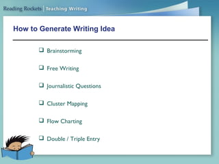 How to Generate Writing Idea
 Brainstorming
 Free Writing
 Journalistic Questions
 Cluster Mapping
 Flow Charting
 Double / Triple Entry
 