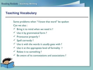 Teaching Vocabulary
Some problems when “I know that word” be spoken
Can we also :
 Bring it to mind when we need it ?
 Use it by grammatical form ?
 Pronounce properly ?
 Spell correctly ?
 Use it with the words it usually goes with ?
 Use it at the appropiate level of formality ?
 Relate it to something ?
 Be aware of its connotations and associations ?
 
