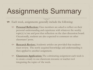 Assignments Summary
 Each week, assignments generally include the following:
 Personal Reflection: Class members are asked to reflect on their
personal understanding and experience with whatever the weekly
topic(s) is/are and post that reflection on the class discussion board.
Occasionally, students are also expected to comment on other
classmates’ posts.
 Research Review: Academic articles are provided that students
must review. The newly acquired knowledge and understanding is
then applied to another assignment.
 Classroom Application: The culminating assignment each week is
to create a ready-to-use classroom resource or teacher tool
integrating the topics of the week.
 