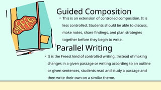 Guided Composition
• This is an extension of controlled composition. It is
less controlled. Students should be able to discuss,
make notes, share findings, and plan strategies
together before they begin to write.
Parallel Writing
• It is the Freest kind of controlled writing. Instead of making
changes in a given passage or writing according to an outline
or given sentences, students read and study a passage and
then write their own on a similar theme.
 