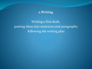 2.Writing
Writing a first draft;
putting ideas into sentences and paragraphs;
following the writing plan
 