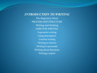 INTRODUCTION TO WRITING
The Magician’s Wand
PROCESS AND STRUCTURE
Writing and thinking
AIMS FOR WRITING
Expressive writing
Using description
Creative writing
Writing to inform
Writing to persuade
Writing about literature
Writing a report
 