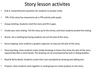 Story lesson activites 
• Q & A. comprehension questions for students to answer orally. 
• TPR. If the story has movements do a TPR activity with pupils. 
• Group retelling. Students retell the story and fill in gaps. 
• Create your own ending. Tell the story up to the climax, and have students predict the ending. 
• Drama. Do a retelling by having students act out the plot of the story. 
• Story mapping. Give students a graphic organizer to map out the plot of the story. 
• Story boarding. Have students make simple drawings in boxes that show the plot of the story 
sequentially (like a comic book). The drawing can be accompanied by text or dialog bubbles. 
• Read & Write Books. Students create their own storybook by drawing and adding text. 
• Projects. Have students work together in small groups to create projects on the story. 
 