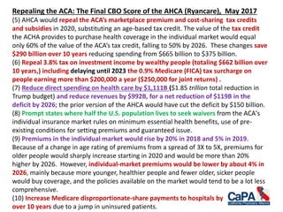 Repealing the ACA: The Final CBO Score of the AHCA (Ryancare), May 2017
(5) AHCA would repeal the ACA’s marketplace premium and cost-sharing tax credits
and subsidies in 2020, substituting an age-based tax credit. The value of the tax credit
the ACHA provides to purchase health coverage in the individual market would equal
only 60% of the value of the ACA’s tax credit, falling to 50% by 2026. These changes save
$290 billion over 10 years reducing spending from $665 billion to $375 billion.
(6) Repeal 3.8% tax on investment income by wealthy people (totaling $662 billion over
10 years,) including delaying until 2023 the 0.9% Medicare (FICA) tax surcharge on
people earning more than $200,000 a year ($250,000 for joint returns) .
(7) Reduce direct spending on health care by $1,111B ($1.85 trillion total reduction in
Trump budget) and reduce revenues by $992B, for a net reduction of $119B in the
deficit by 2026; the prior version of the AHCA would have cut the deficit by $150 billion.
(8) Prompt states where half the U.S. population lives to seek waivers from the ACA's
individual insurance market rules on minimum essential health benefits, use of pre-
existing conditions for setting premiums and guaranteed issue.
(9) Premiums in the individual market would rise by 20% in 2018 and 5% in 2019.
Because of a change in age rating of premiums from a spread of 3X to 5X, premiums for
older people would sharply increase starting in 2020 and would be more than 20%
higher by 2026. However, individual-market premiums would be lower by about 4% in
2026, mainly because more younger, healthier people and fewer older, sicker people
would buy coverage, and the policies available on the market would tend to be a lot less
comprehensive.
(10) Increase Medicare disproportionate-share payments to hospitals by $43 billion
over 10 years due to a jump in uninsured patients.
 