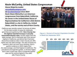Kevin McCarthy, United States Congressman
House Majority Leader
mccarthyforcongress.com
(R-CA 23rd District) since 2014
Kevin Owen McCarthy is an American
congressman from Bakersfield, California.
He serves in the United States House of
Representatives for California's 23rd district.
Bakersfield is a city in California, United
States, and the county seat of Kern County.
California was recently ranked 1st among all states
for the total number of cases for chlamydia,
gonorrhea and syphilis by CDC. Kern County has
the highest reported increase in sexually
transmitted disease rates. At 42% higher than the
state average, Kern's chlamydia rate is the second
highest in California, just behind San Francisco.
Gonorrhea incidence rates in Kern County are 26%
higher than the state average. The rate increases for
syphilis in Kern are even more shocking. Kern's
syphilis incidence is 555% higher than
the state average, and third highest in California. The
prevalence of congenital syphilis, is 25 times higher
than it was 5 years ago. Kern's congenital syphilis
rates are the second highest in the state,
after Fresno County.
 