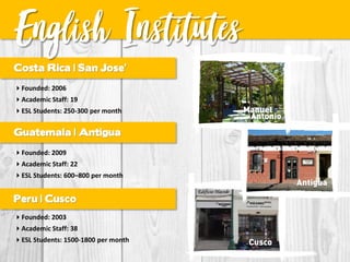 Costa Rica | San Jose’
English Institutes
Guatemala | Antigua
Peru | Cusco
Founded: 2006
Academic Staff: 19
ESL Student...